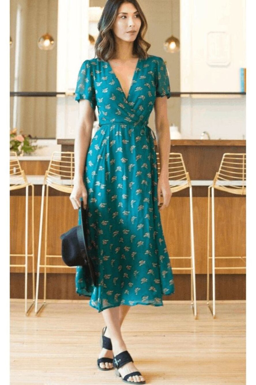Symbology Green Gold Ginkgo Leaf Short Sleeve Midi Wrap Dress Womens Size Medium